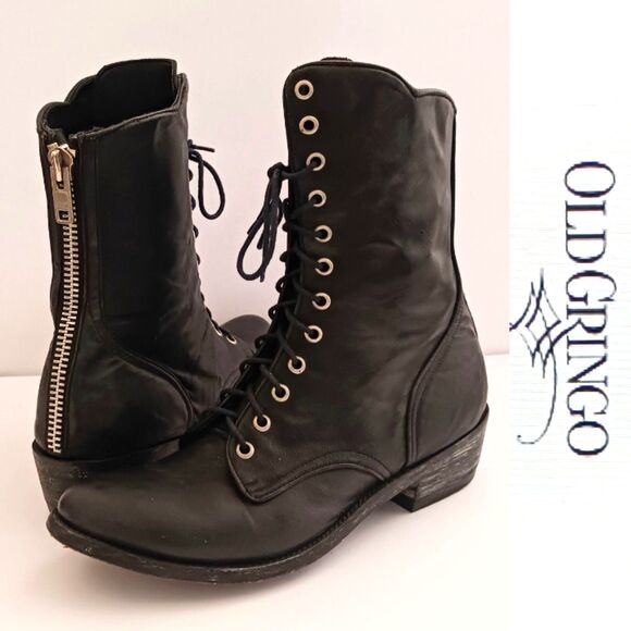 Old Gringo Shoes - Old Gringo Blk Leather Combat Boot Lace Up Silver Back Zip 9.5M Made in Mexico